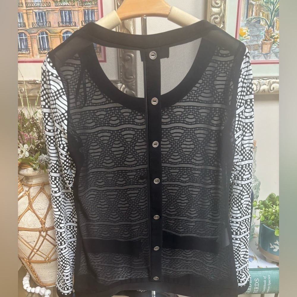 Sheer Back Black & White Geometric Button Down Formal Blouse by Frank Lyman SZ S